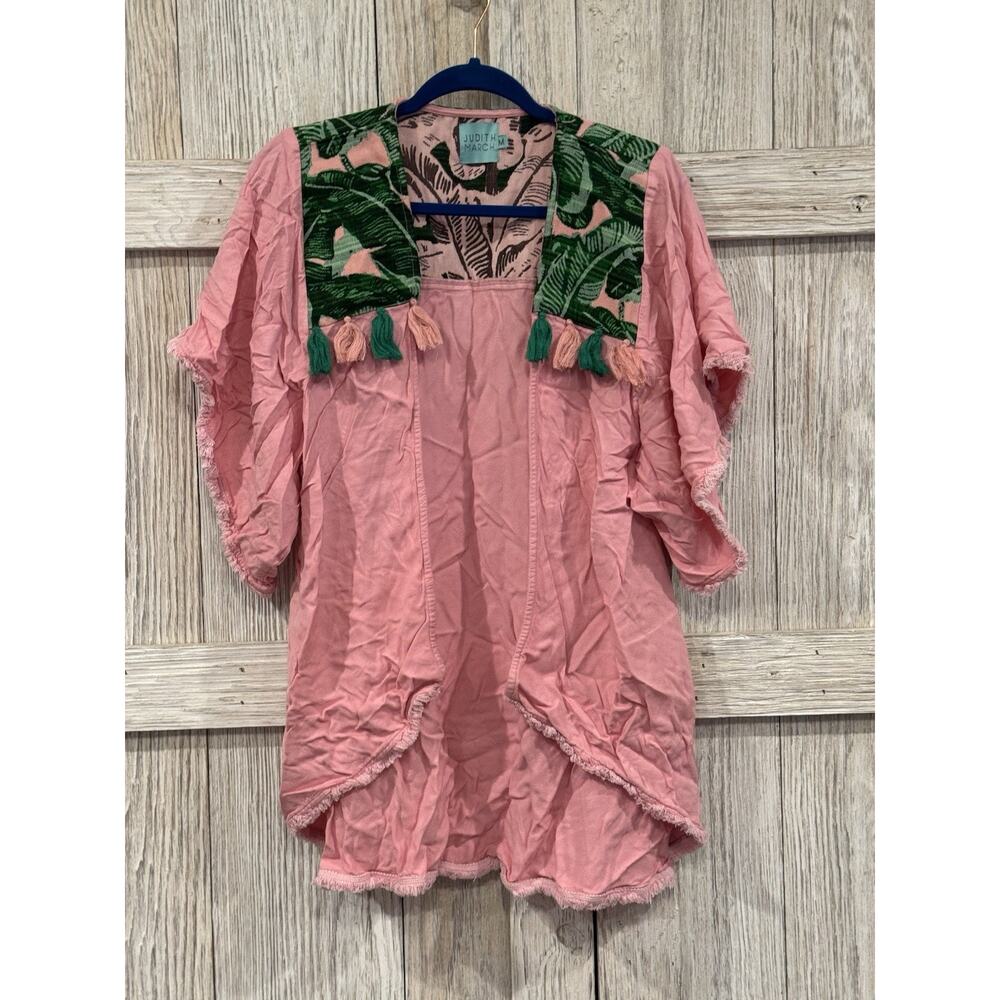 Judith March Kimono Pink Green Palm Springs Tassel Fringe Size M Womens Read